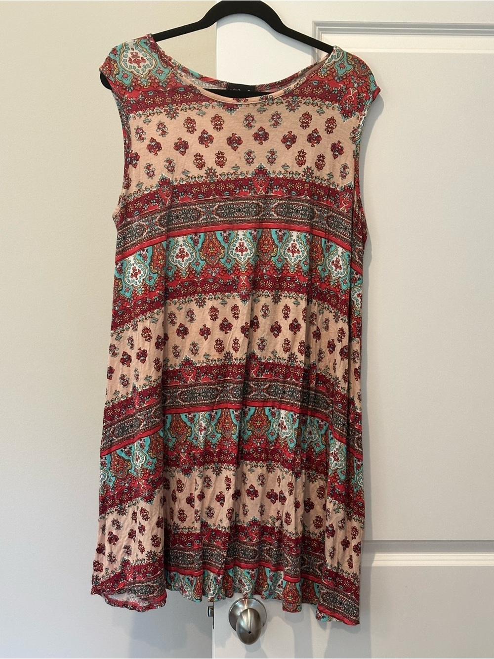 Poof! 2X Boho Sleeveless Swing Top in Beige, Red and Aqua